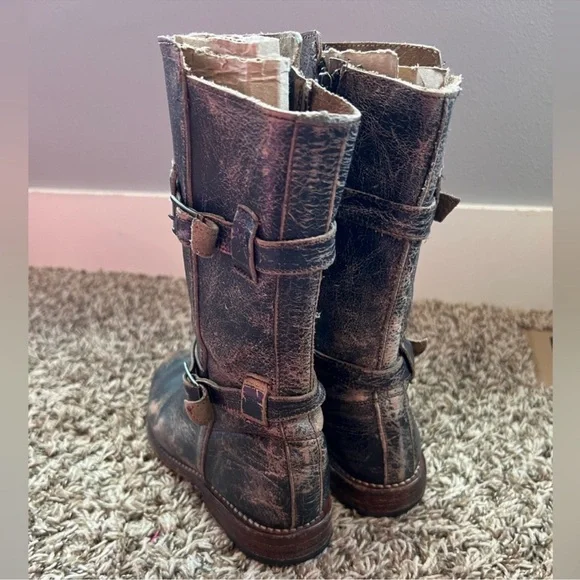 BED|STU Distressed Black and Brown Leather Turn-mid calf Moto Boots - Picture 3 of 6